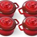 Lareina Mini Cocotte - 12oz Ceramic Casserole Dishes - Kitchen Casserole Sets With Handles And Lid - Small Baking Ramekins - Oven, Microwave & Dishwasher Safe - Set of 4 - Red