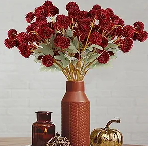 Hananona 10 Pcs Artificial Chrysanthemum Flowers, Red Kiku Pom Pom Mums Flower BurgundyFaux Floral Arrangements Wedding Centerpiece for Fall Autumn Home Kitchen Decor (10, Burgundy)