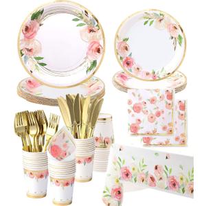 Floral Paper Plates and Napkins Party Supplies - Serves 16 - Flower Plates Floral Cups Knifes Forks Baby Shower Decorations for Girl Pink and Gold Bridal Shower Tea Party Birthday