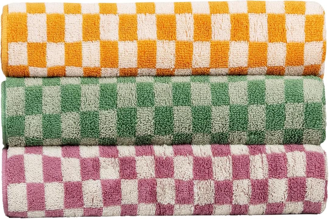 Checkered Bath Towels Set of 3, 100% Cotton Bath Towels Large, 600GSM, 55 * 28 in, Luxury Shower Towels for Bathroom, Soft Absorbent Quick-DryOrange+Dark Green+Pink