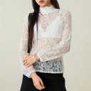 Women's Long Sleeve Floral Lace Top Sexy See Through High Neck Slim Fitted T Shirt Y2k Going Out Sheer Blouse (White, S)