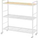 3-Tier Metal Storage Rack with Industrial Wheels,Mesh Shelving Unit with Wooden Table top,Adjustable Shelf,31.5-Inch Width, for Kitchen, Laundry,Pantry,Plant,Oak panel and white frame