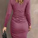 AUXDIO Women Bodycon Long Sleeve Dresses Casual V Neck Ruched Wrap 2026 Spring Fall Party Club Mini Dress (Pink, M)