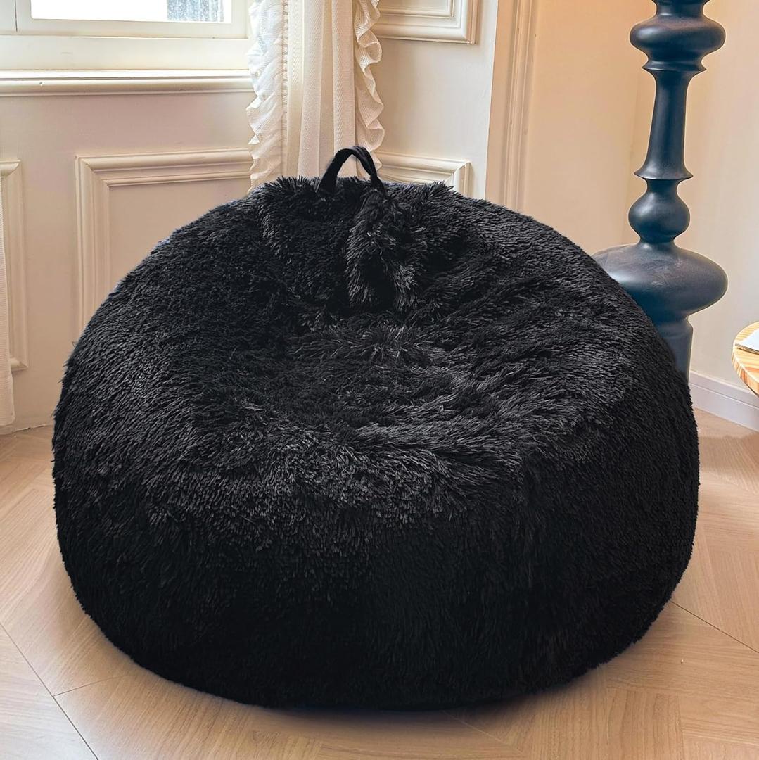 XeGe Fluffy Stuffed Animal Storage Bean Bag Chair Cover (No Filler), Faux Fur Washable Ultra Soft Bean Bag Cover for Plush Toys or Textile, Plush Shaggy Large Bean Bag for Adults Kids Teens, Black (Large(38"x38"x40"))