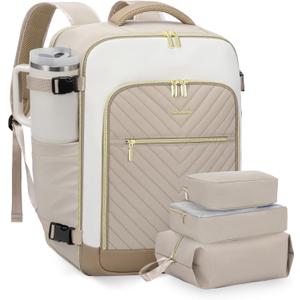 LOVEVOOK Large Travel Backpack for Women, TSA Carry on Backpack for Airplanes, 40L Personal Item Travel Bag for Women fits 17" Laptop,Waterproof Carry on Bag Airplane Approved with 3 Packing Cubes (Khaki - Beige - Abricot)