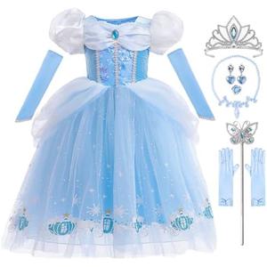 iTVTi Girls Princess Dress Kids Halloween Carnival Party Cosplay Costume Toddler Puffy Sleeve Blue Fancy Outfit, 4-5T (Tag 120)
