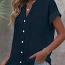 Button Down Shirts for Women Short Sleeve Cotton V Neck Tops Dressy Casual Loose Fit Office Work Blouses (Blue, L)