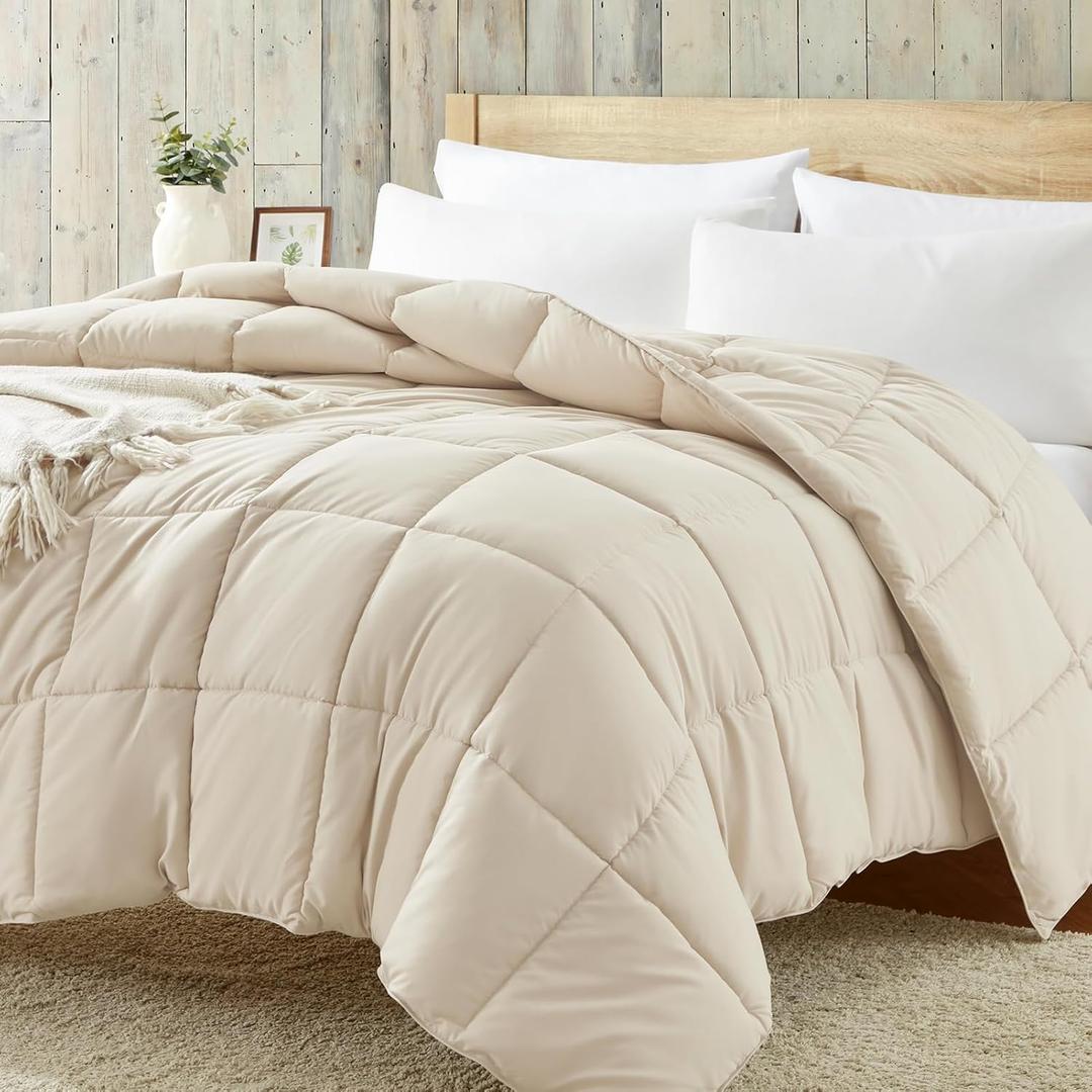 Homelike Moment Comforters Size - 90"x90" Beige Duvet Insert Down Alternative Bed Queen Comforter, Lightweight Bedding Comforters Full Size Quilted Soft All Season Beige