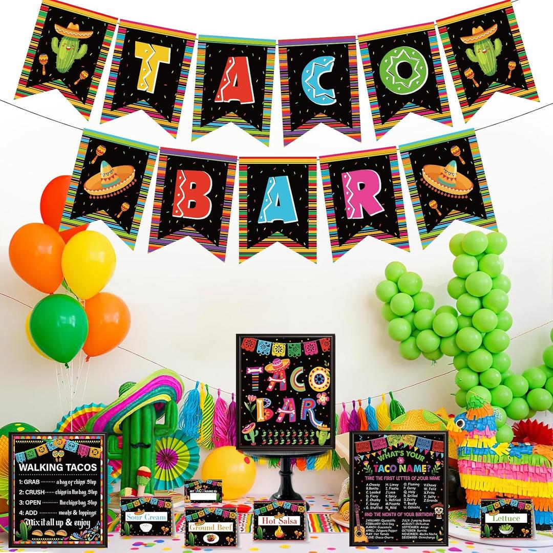 Taco Bar Party Decorations  59 Pcs Colorful Cinco De Mayo Banner Name Game Tents Cards Kit, Mexican Fiesta Birthday Table Signs, Favors Supplies for Bachelorette Bridal Shower