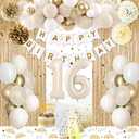 Sweet 16 Birthday Decorations, White and Gold 16th Birthday Decorations for Girls Boy 16th Happy Birthday Banner Tablecloth Fringe Curtain Cake Topper Paper Pom Poms for Girl Boys Sweet 16 Party Decor