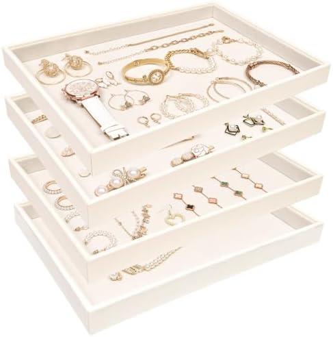 JETEHO Beige Velvet Jewelry Trays for Drawers Black Jewelrys Display Tray Stackable Jewelry Organizer Trays for Necklace Bracelet Ring Watch (4 Pack)