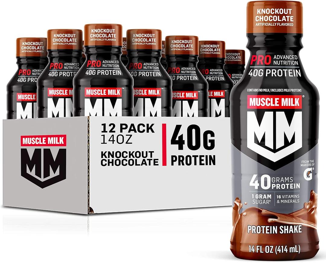 Muscle Milk Pro Advanced Nutrition Protein Shake, Knockout Chocolate, 14 Fl Oz Bottle, 12 Pack, 40g Protein, 1g Sugar, 16 Vitamins & Minerals, 6g Fiber, Workout Recovery, (EXP 03/07/26)