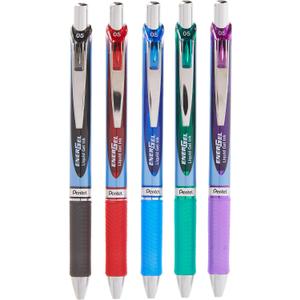Pentel EnerGel RTX Retractable Liquid Gel Pen, (0.5mm), Fine Line, Metal Tip, Assorted Ink Colors, Pack of 5 (BLN75BP5M)