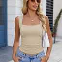 Women's Wide Strap Square Neck Tank Top Ruched Side Cute Stretch Trendy 2026 Casual Going Out Tops