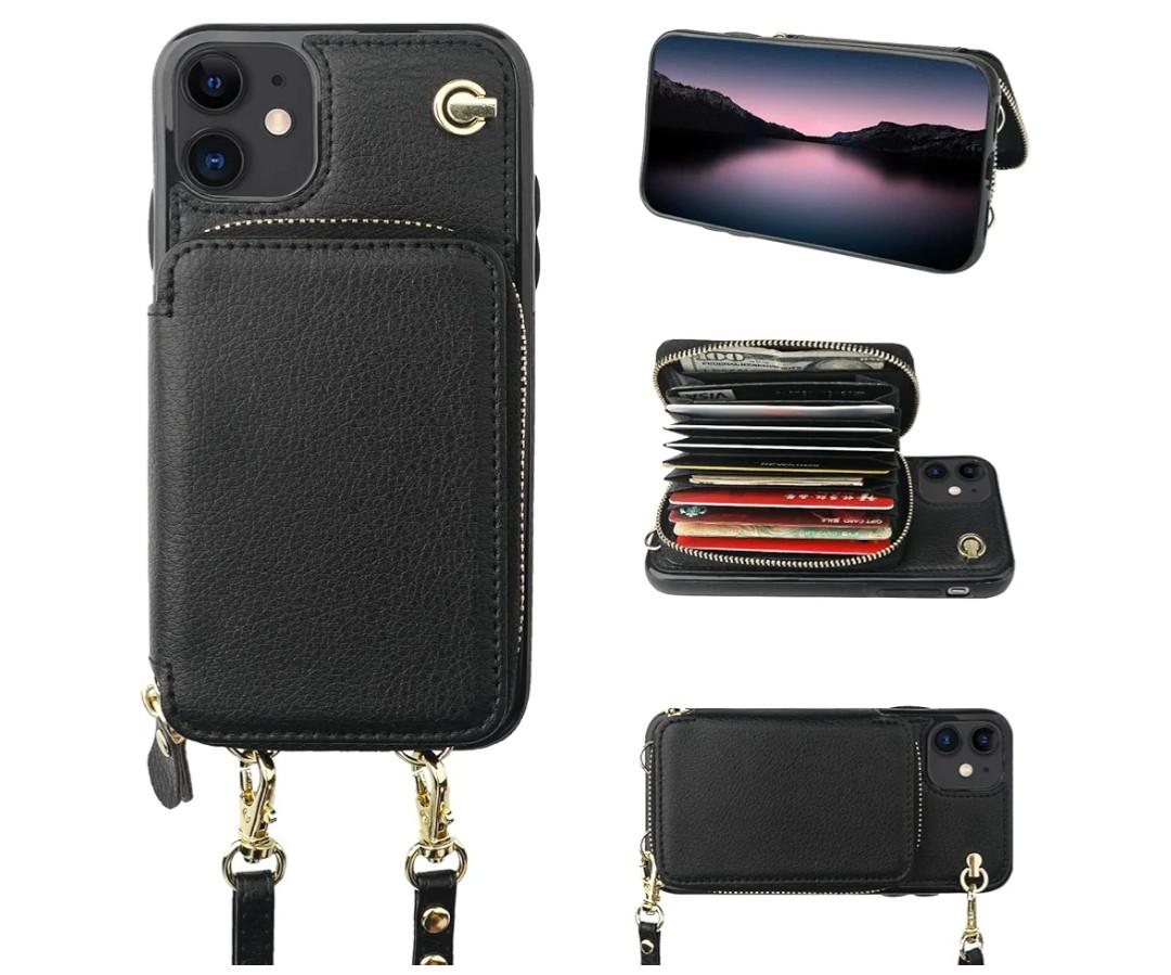 Bocasal Crossbody Wallet Case for iPhone 11, RFID Blocking Leather Purse Case with Card Holder, Protective Handbag Flip Cover with Zipper Wrist Strap Lanyard for Women 6.1 Inch (Black)