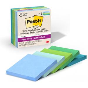 Post-it 100% Recycled Paper Super Sticky Notes, 2X The Sticking Power, 3x3 in, 5 Pads, 70 Sheets/Pad, Oasis Collection (654R-5SST)
