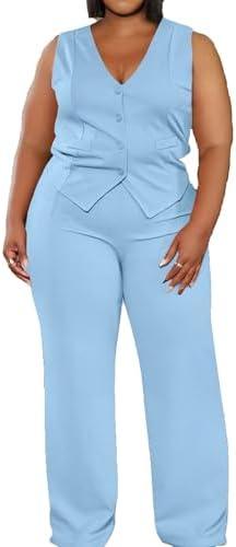 Women's Plus Size Pant Suits 2 Piece Outfits Button Vest Blazer Pockets Wide Leg Pants Sets Casual Pantsuits 4XL