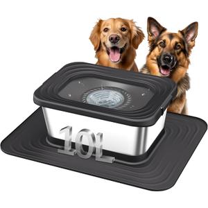 Decflow 10L Stainless Steel Dog Water Bowl, No Spill Anti-Splash Dog Bowls with XXL Silicone Mat, Spill-Proof Slow Feeder for Messy Drinkers, Heavy Duty Pet Bowls for Indoor/Outdoor Use Black
