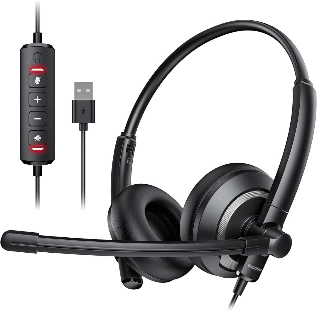 EH05-U Wired USB Headset with Noise Cancelling Microphone for PC Laptop - Headphones with In-Line Control, Lightweight, Enhanced Sound & MIC Mute (Black)