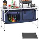VEVOR Camping Kitchen Table, Folding Outdoor Cooking Table, 3 Adjustable Height, Aluminum Lightweight Portable Cook Station with Storage Organizer, Carry Handle, for BBQ Party Picnic RV Travel, Blue