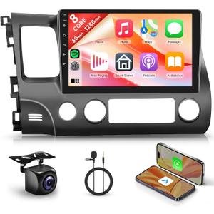 8 Core 6+128G Android Car Stereo for Honda Civic 2006-2011 with Wireless Carplay Android Auto Car Radio, 10.1'' Touch Screen Head Unit with Mirror Link GPS Bluetooth FM/RDS DSP WiFi Backup Camera SWC