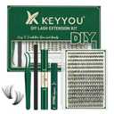 KEYYOU Lash Extension Kit DIY 300Pcs Lash Clusters Kit 40D 0.07 D Curl 9-18MIX Eyelash Extension Kit Individual Lashes Kit with Lash Bond and Seal, Lash Tweezers and Remover for Self Use