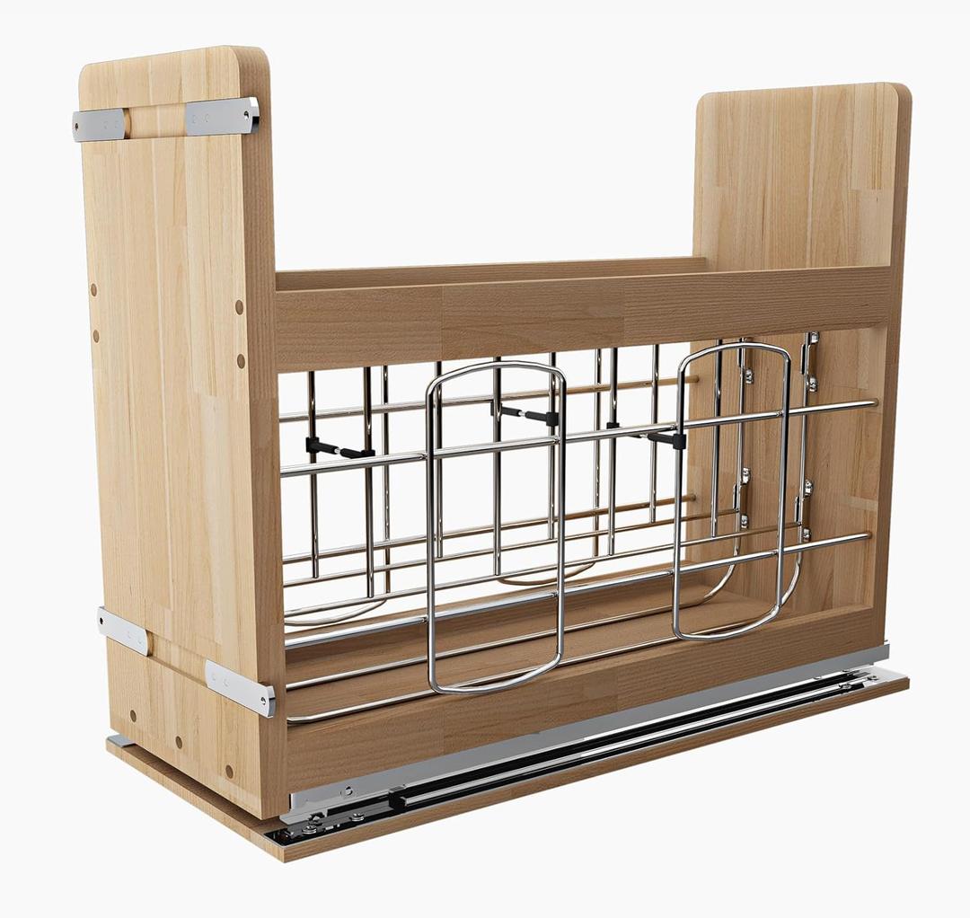11 * 22 in Pull Out Wooden Bakeware Organizer Shelf for Base Kitchen Cabinets, Heavy Duty Cabinet Pull Out Shelves for Baking Sheets, Cookie Sheets, Foil and Wraps