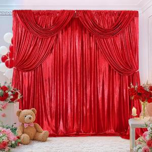 Christmas Backdrop Curtains Glitter Fabric - 4.8x8FT 4 Panels Red Background for Baby Shower Birthday Photography Decoration (19.2x8FT)