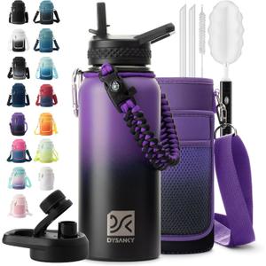 Insulated Water Bottle | Thickened Stainless Steel Vacuum Metal | Portable Sports Water Jug for Gym and Hiking with Straw, Carrier Bag, Handle Strap | BPA-Free 32 oz (Purple/Black)
