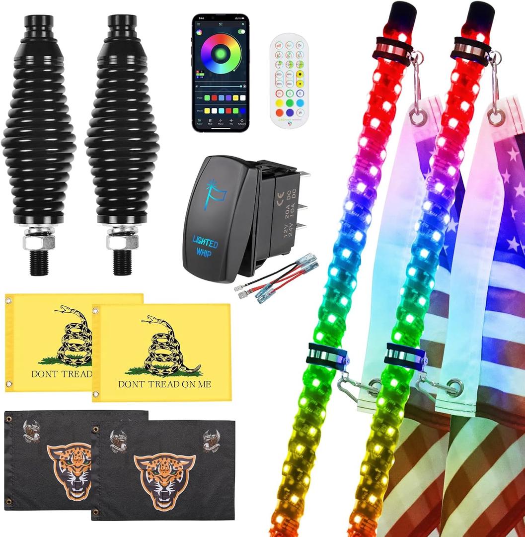 Ehaho 4FT Whip Lights, LED Whip Lights with Spring Base for UTV ATV 366+ Colors Patterns, Music Sync, APP & Remote Control, IP67, DIY Mode, Rocker Switch, Timer Function, Brake & Turn & Reverse, 2 pack