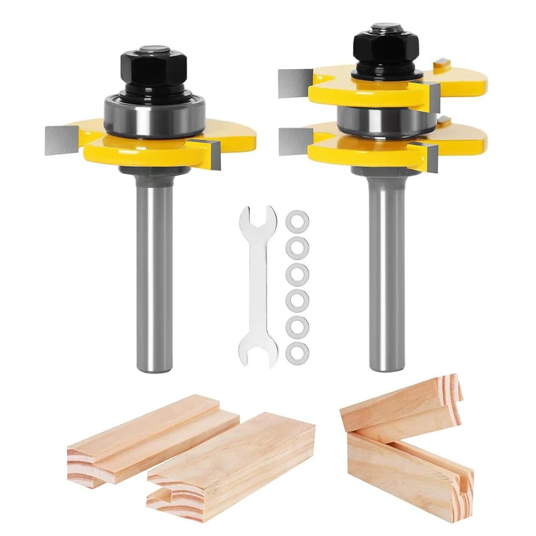Pro Tongue and Groove Router Bit Set of 2 Pieces 1/4 Inch Shank , 3 Teeth Adjustable T Shape Wood Milling Cutter (Tongue and Groove Router Bit Set B)