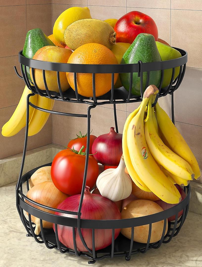 2 Tier Large Fruit Basket for Kitchen Counter with 2 Banana Hangers, Metal Stackable Fruit Bowl for Kitchen Counter for Bread Vegetable Fruits, Black