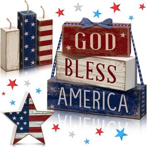 Cinnvoice 7 Pcs Patriotic Table Decorations 4th of July Tiered Tray Decor 250th Anniversary God Bless American Centerpiece Red White Blue Wood American Block Sign with Bow for Home(Independence Day)