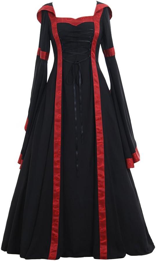 CosplayDiy Women's Gothic Victorian Witch Vampire Dress Medieval Renaissance Hooded Dress Trumpet Sleeves Cosplay Gown Dress (Black&red)