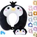 Travel Pillow for Kids Adult Cute Neck Pillow for Traveling Memory Foam Airplane Pillow Sleep Mask Animal Flight Pillow Head Rest Neck Support for Cars Long Flights (Penguin, 9-12 Y/O)