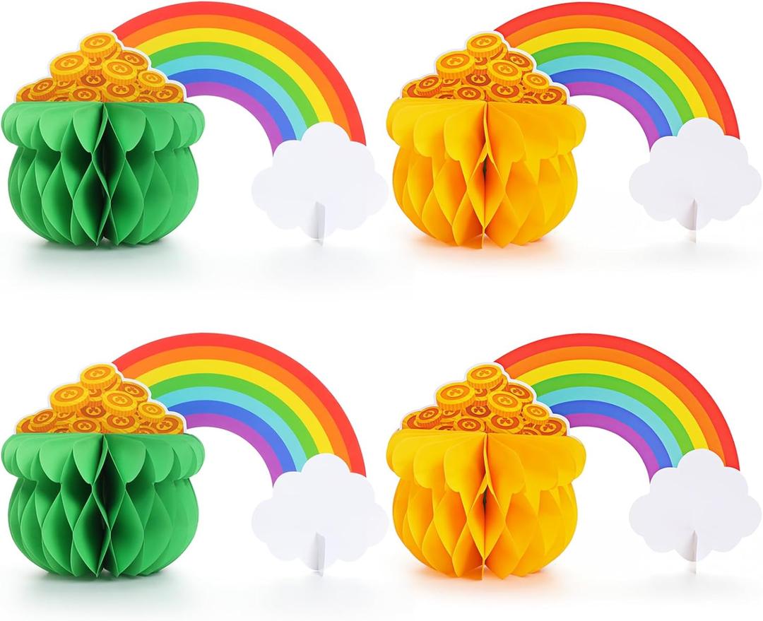 Fullhawl 4 Pcs St Patricks Day Table Decorations St. Patrick's Day Honeycomb Centerpieces Pot of Gold Party Decorations Paper Irish Table Topper for Saint Patrick Party Home Decor (Green and Gold)