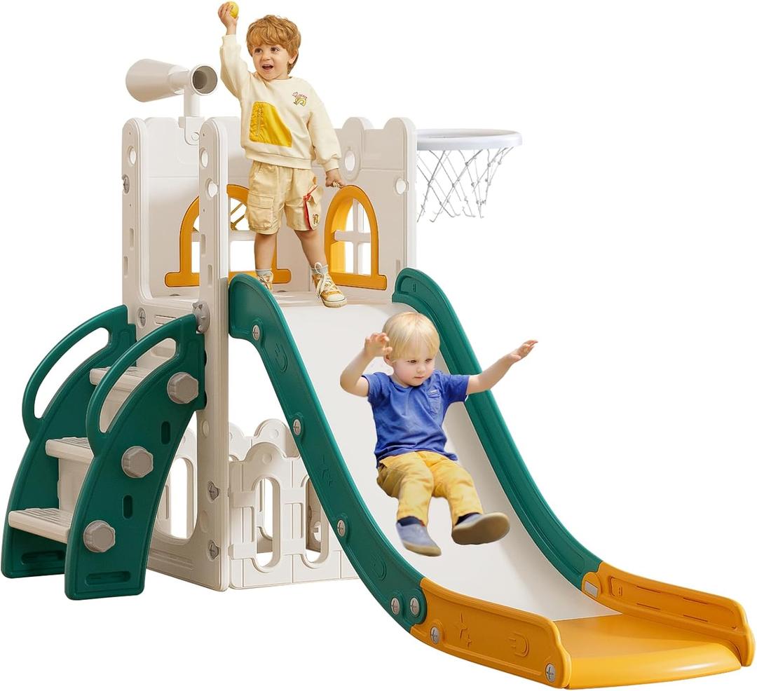 6 in 1 Toddler Slide,Kids Climber Slider for Indoor Outdoor Playground with Basketball Hoop,Storage and Telescope,L Shaped Slide for Toddler Climber Playset (Green)