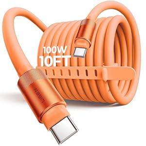 LISEN for iPhone Air 17 Charger Cord USB Cable 10FT, Chubby 100W Soft Silicone USB C to USB C Fast Charging Cable, Long USBC to USBC for iPhone 17 16 15, Samsung S25, MacBook Pro/ Air, Orange