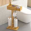 Free Standing Toilet Paper Holder with Storage,Bamboo Stand Toilet Tissue Holder for Mega Roll,Bathroom Freestanding Tp Holder with Drawer for Wipes,Toilet Paper Storage with Shelf, No Drill