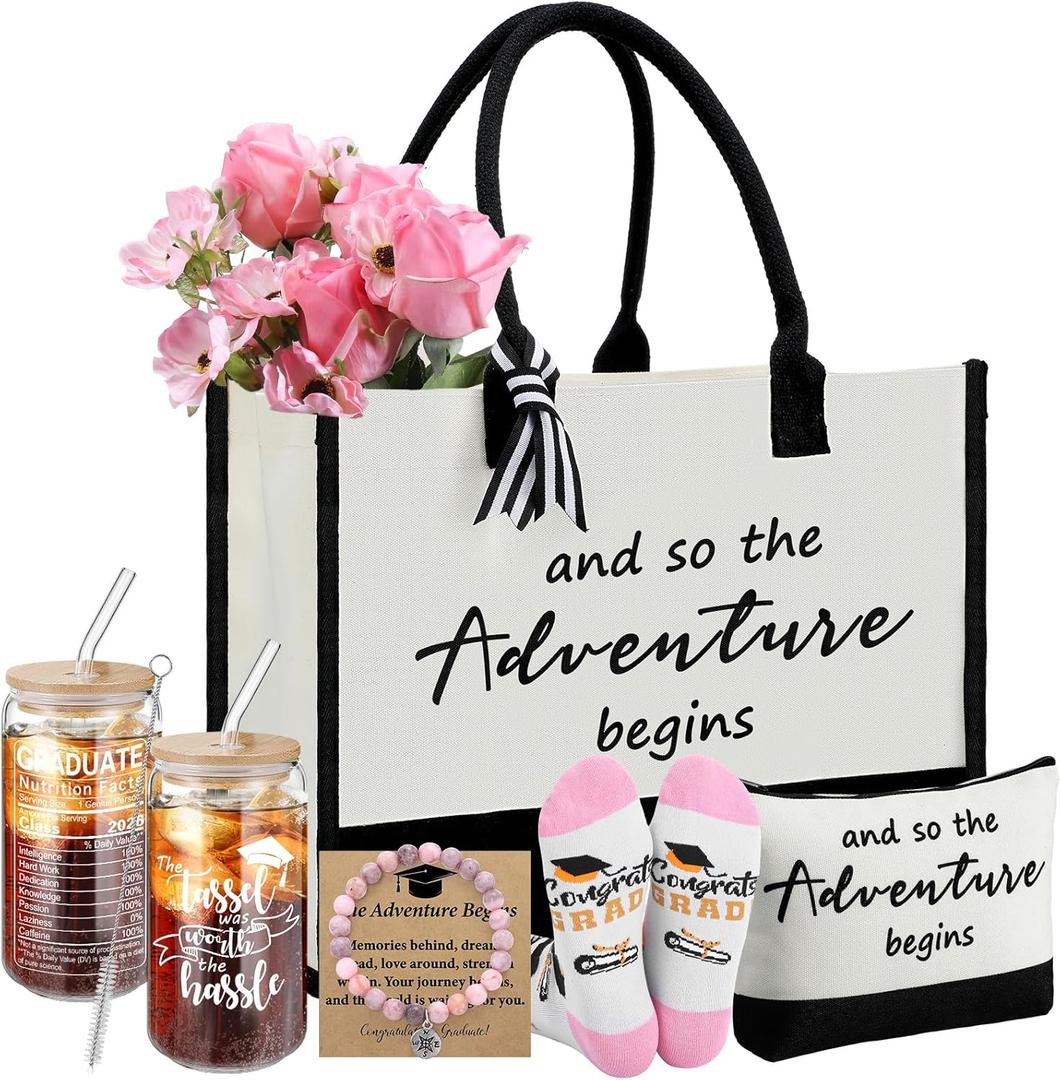 Thyle 6 Pcs Graduation Gifts for Her 2026 College Congratulations Grad Gifts for Women and So the Adventure Begins Tote Bag Makeup Bag Socks Bracelet Card Cup for Women High School Daughter Friends