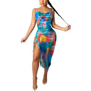 Women's Spaghetti Strap Satin Dress Sexy Backless Drawstring Ruched Split Hem Cocktail Evening Party (Large, 30-leaves Blue)