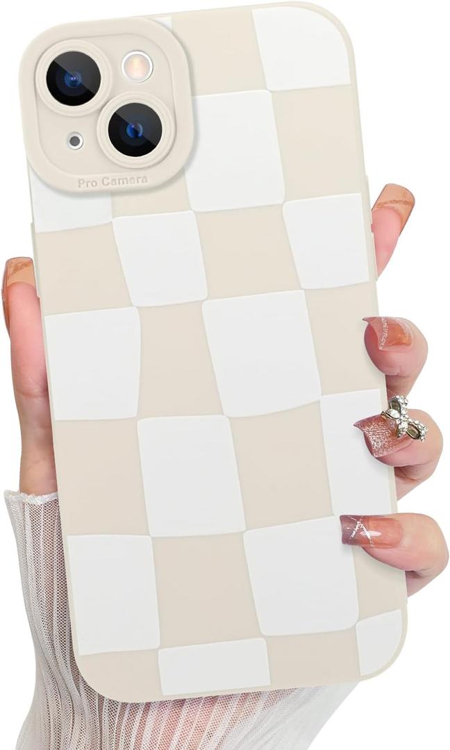 KANGHAR Compatible with iPhone 14 Case, Silicone Checkered Cute Pattern, Camera Protection Soft Slim Phone Case for Girls Women -White