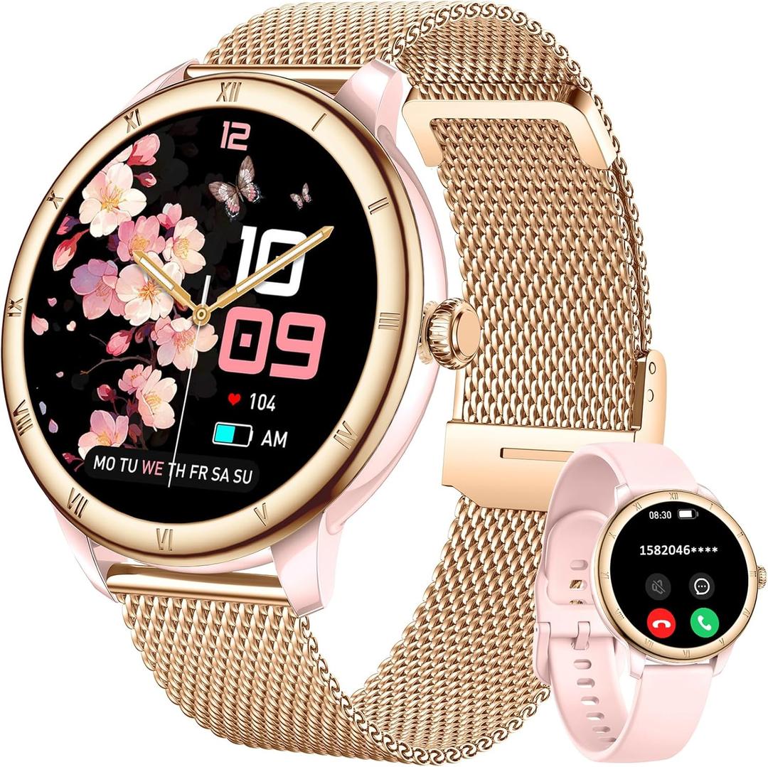 Smart Watches for Women, HD Screen Fitness Tracker 5ATM Waterproof with Bluetooth Make/Answer Calls, Activity Trackers with Heart Rate/Sleep/Female/SpO2 Monitor, Smartwatch for iPhone/Android(2 bands) (Golden Mesh Steel + Pink)