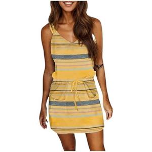 Fussangshu Women's Summer Striped Halter Strap Mini Dress Sleeveless Trendy Casual Pocket Sundress, Size: S
