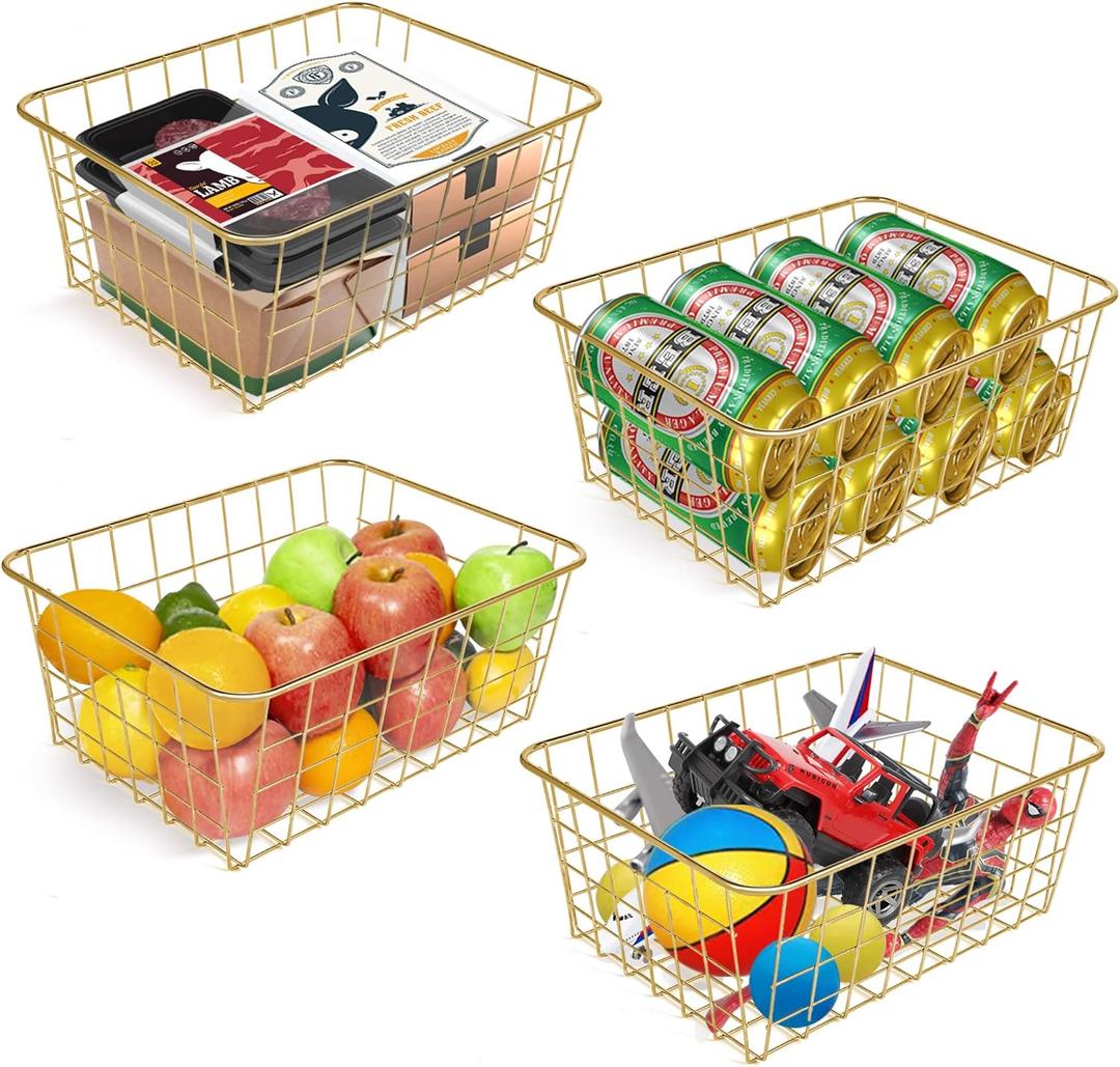 Wire Baskets for Storage Pantry, 4 Pack, 11 x 8.7 x 4.7 in, Golden Metal
