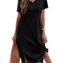 Dyexces Women Summer T Shirt Dress Casual Short Sleeve T Shirts V Neck Maxi Dresses Loose Tshirts Side Slit Long Tshirt Midi Dress with Pockets B-Black XL