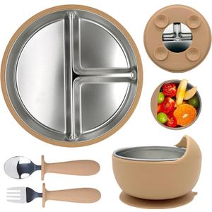 MOMERA Stainless Steel Baby Plate & Bowl Set with Suction | Divided Toddler Feeding Set | Durable, BPA-Free, Easy to Clean | Baby Tableware for Self-Feeding