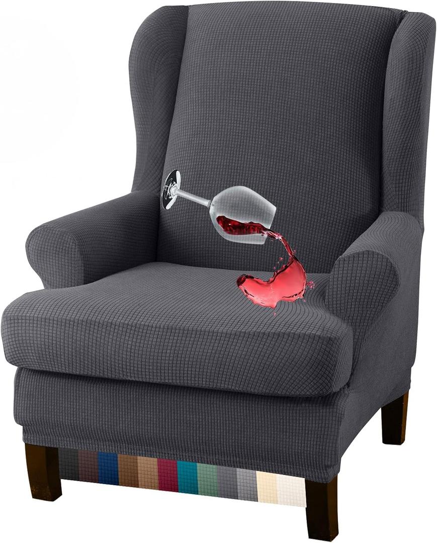 Granbest Premium Water Repellent Wingback Chair Cover 2-Piece High Stretch Jacquard Fabric Wing Back Chair Slipcovers (Wing Chair Cover, Gray) (Grey)