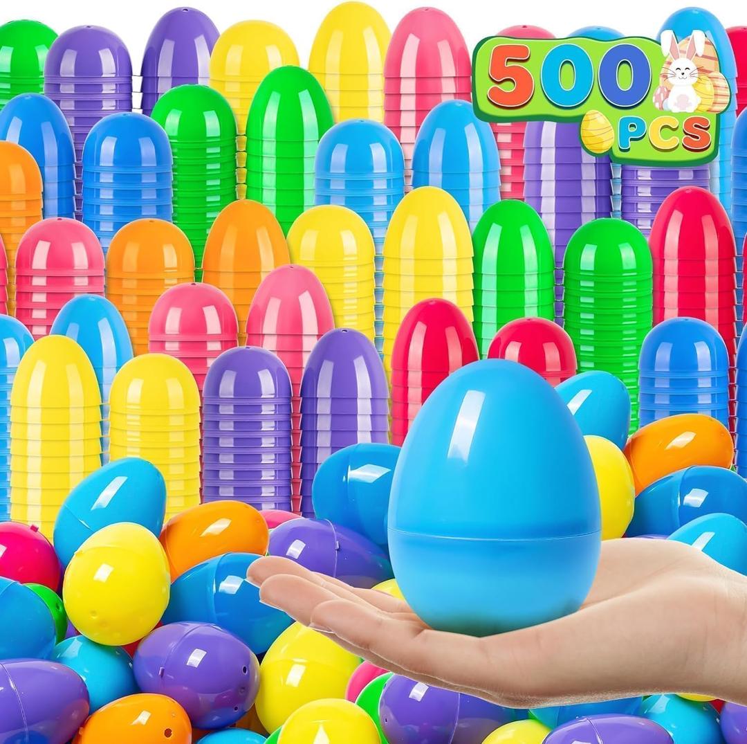 Jumlys 500 PCS 3.15" Plastic Easter Eggs Bulk, Fillable Colorful Eggs with Hinge, Empty Easter Eggs in 8 Colors, Perfect for Easter Hunt, Basket Stuffers Fillers and Easter Theme Party Favors