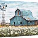 QIXIANG Turquoise Barn Canvas Wall Art Rustic Teal Old Barn and Windmill Flowers Painting Prints for Kitchen Home Decor Framed (16.00" x 24.00")